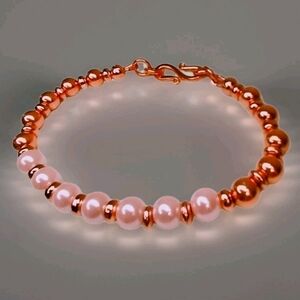 Feminine Boho Pink and Copper Beaded Bracelet with Solid Copper S-Clasp 7.5"